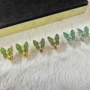 Pendientes de tuerca de plata de ley S925, colgante de mariposa de circón verde, pendiente de moda para mujer, joyería de lujo ligera de marca