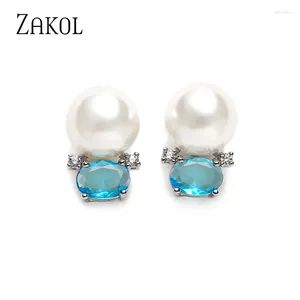 Boucles d'oreilles ZAKOL mignon bleu ovale zircon cubique pour les femmes petite Imitation perle boucle d'oreille 2024 INS bijoux de fête