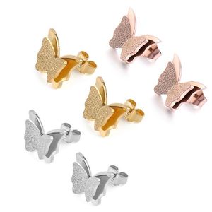 Stud European American Fashion Gold 3D Butterfly Titanium Tening Diseñador de lujo de acero inoxidable Acabado mate Entrega de caída de animales DHZPF