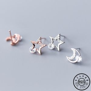 Stud Fashion 925 Sterling Silver Asimétrico CZ Star Moon Earings Rose Gold Color Plated Ear Studs Cubic Zircon Pendientes para mujeres