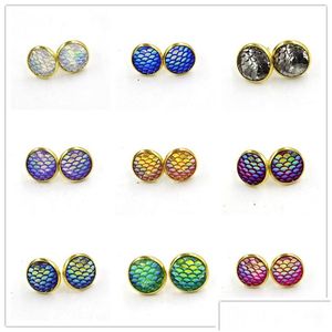 Stud Fashion Gold Color Handmade 12Mm Druzy Drusy Resin Mermaid Fish Scale Pattern Femmes Boucles d'oreilles Drop Delivery Jewelry Dhsug