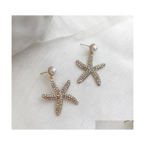 Stud Fashion Jewelry S925 Sliver Post Pendientes Rhinstone Starfish Dangle Faux Pearl Drop Delivery Dhj4E