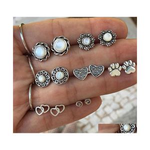 Joyas de moda de semental Pendientes vintage Set Heart Pearl Flower Pet Path Lindo 7Pazes/Set Drop entrega DHE1O