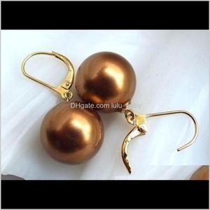 Stud Jewelry Drop Entrega 2021 Enormes pendientes de perlas de concha de chocolate del Mar del Sur de 16 mm Accesorios de oro de 14 quilates Bl9