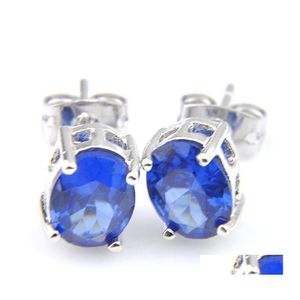 Stud Luckyshine Cadeau De Vacances 925 Sterling Sier Plaqué Ovale Londres Topaze Boucles D'oreilles 8X6 Mm Bleu Zircon Femmes Bijoux Oreille Drop Livraison Dhheb