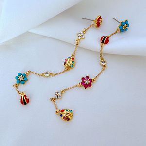 Stud Real 18K plaqué or Zircon fleur coccinelle longues boucles d'oreilles bijoux lettre cadeau de mariage usine en gros avec sac à poussière gratuit