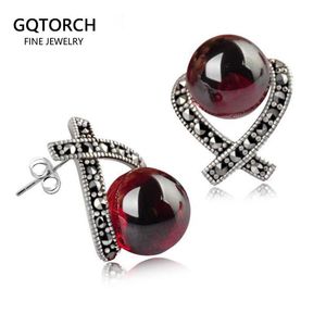 Stud Plata de Ley 925 auténtica pendientes tipo botón para mujer con incrustaciones de ónix rojo granate perla marcasita Natural pendientes Vintage sin níquel