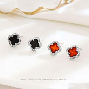 Stud S925 Sterling Sier Creux Clover Designer Boucle d'oreille Goujons Anneaux Brillant Zircon Cristal Noir Rouge Boucles D'oreilles Chanceux Boucles D'oreilles Pour W Dhquy