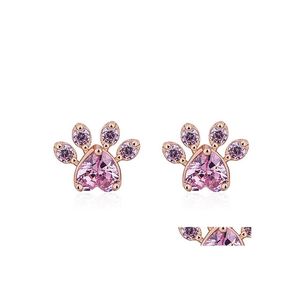 Stud Sier Earring Cute Heart Cat Paw White Zircon Pendientes para mujeres Animal Footprint Crystal Stone Wedding Jewelry Drop Delivery Dhtgw