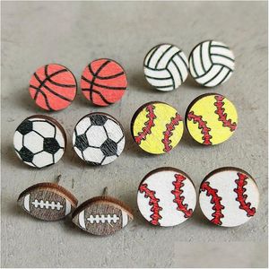 Stud Deportes Béisbol Pendientes Creativo Rugby Fútbol Voleibol Baloncesto Accesorios de moda de madera Drop Delivery Jewelry Dhaqw