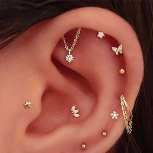 Stud Tragus Piercing Link Chain Boucles d'oreilles pour femmes Helix Star Butterfly Crown Zircon Ear Hoop Rook Daith Sung Body Jewelry Cadeau CC084L231117
