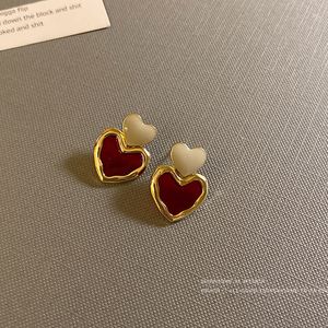 Boucles d'oreilles coeur en émail bordeaux doux à la mode pour femmes fille couleur or métal amour suspendus bijoux Vintage 230714
