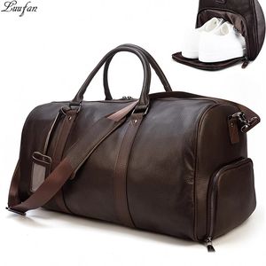 Stuff Sacks Big Capacity Genuine Leather Travel Bag For Men Women Soft Black Cowhide Casual Travel Duffel Large Luggage Weekend Shoulder Bag 230316
