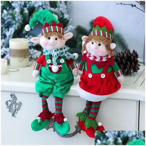 Animales de peluche rellenos Feliz Navidad Muñecas Adornos Suministros para ventanas Tela roja y verde Piernas largas Elfo Año nuevo Ambiente decorativo DHCJL