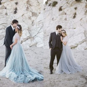 Impresionante 2017 gris plata polvoriento azul playa vestidos de novia modestos de encaje y tul plisados vestidos de novia largos país por encargo EN10124