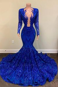 Impresionantes vestidos de fiesta de sirena de encaje con lentejuelas azules Vintage de manga larga Sexy con cuello en V Ocasión formal Vestidos de noche Junior Graduation Wears BC12646 0425