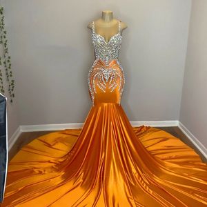 Robe de bal sirène en cristal doré, superbe, col rond, sans manches, en Satin, trompette de perles, Robes Abenkleider pour femmes