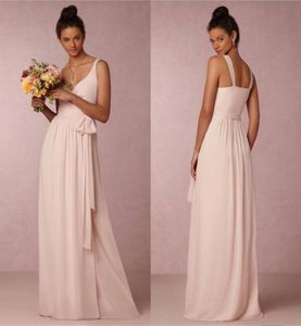 Impresionantes vestidos de dama de honor de color rosa claro, rubor, largo hasta el suelo, gasa, cuello en V, vestidos formales de boda con cierre envolvente de pajarita6561595