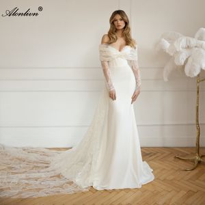 Superbe tissu satiné chérie robes de mariée sirène avec enveloppe amovible enveloppe d'épaule à manches complètes
