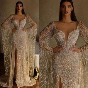 Stuntbride 2024 Arabie Saoudite Haute Couture Robe de mariée sirène Illusion High Split Robes de mariée Mariée Princesse Celebrity Perles Paillettes Robes