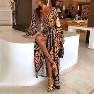 Estilo Moda Elegante Mujer Sexy Cuello barco Brillo Manga larga Cuello en V profundo Vestido estampado Fiesta Vestido largo formal