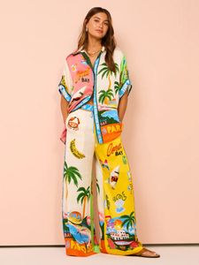 Conjunto de 2 piezas con estampado Tropical para mujer, camisa de media manga y pantalón con pernera ancha, trajes informales para playa, verano 2024