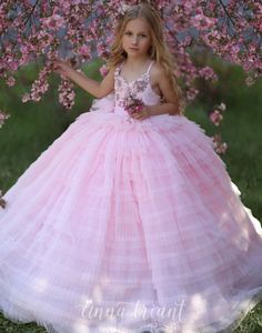 Robe de bal perlée rose élégante, robes de fille de fleur pour mariage, robes de concours à plusieurs niveaux, en tulle appliqué, longueur au sol, robe de bal pour enfants