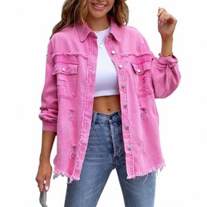Elegante chaqueta vaquera de gran tamaño rasgada con agujeros rosas para mujer primavera nueva informal Lg Boyfriend chaqueta vaquera desgastada Jeans ropa de calle 20 #