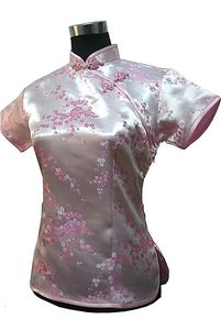 Elegante blusa de satén de seda china tradicional rosa para mujer, camisa Vintage de verano, Tops, ropa de flores S M L XL XXL WS012 240102