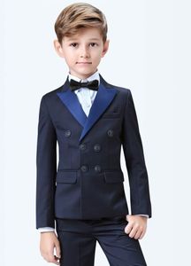 Élégant populaire double boutonnage pic revers enfant créateur complet beau garçon costume de mariage garçons tenue sur mesure (veste + pantalon + arc + gilet)