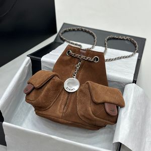 Women's Stylish Leather Fur Diamond Check Silver Hardware Metal Buckle Luxury Handbag Coin Chain Drawstring Multi-Pocket Shoulder Bag Cute Princess Bag