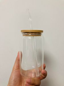 sublimation 16 oz verre peut gobelet en verre avec couvercle en bambou paille réutilisable canettes de bière Transparent dépoli Soda CanCup gobelets WLL1256