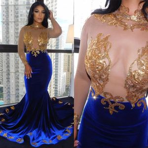 2022 Sexy fabuloso cuello alto sirena vestidos de fiesta encaje transparente manga larga apliques encaje azul real vestidos de noche B0513