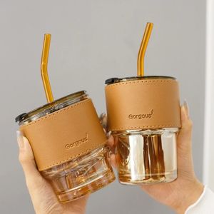 Tasses à sublimation 440 ml créatif nouveau verre de paille ambre grande capacité tasse à café de grande valeur bouteille d'eau vent verre de bambou verres