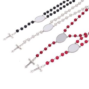 Sublimation necklace 4 colors Heat Transfer Pendant Rosary bead Necklace Cross Jesus Metal Pendants