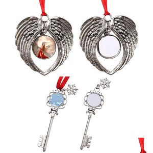 Sublimación Santa Claus Metal Key Adornos colgantes de Navidad con cuerda roja Transferencia Impresión en blanco DIY Consumible Drop Entrega Dhb6M