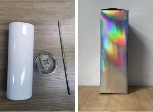Vaso recto de sublimación con caja holográfica Vasos delgados de 20 oz Taza de acero inoxidable 304 más pajita Juego de empaque único
