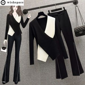 Trajes 2022 novedad de verano conjunto de pantalones elegantes para mujer moda abrigo de gasa cosido en blanco y negro pantalones conjunto de dos piezas blusa femenina