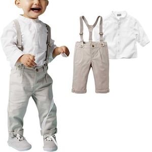 Costumes Automne Garçons Costumes Blazers Chemise Blanche + Long Pantalon À Bretelles Enfants Fleur Garçons Gentleman Vêtements Formelle Vêtements De Mariage SetHKD230704