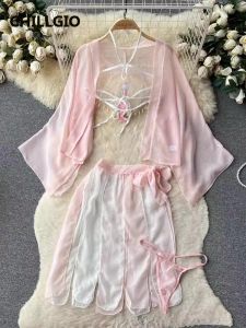 Trajes CHILLGIO Traje de Falda de Lentejuelas Sexy de Gasa para Mujer Traje erótico Hanfu de Estilo Chino Conjunto de Pijamas Transparentes exóticos Vintage de 4 Piezas