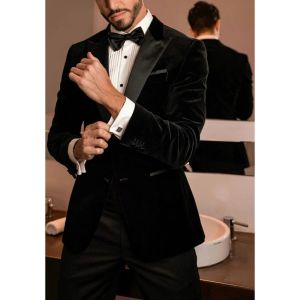 Costumes Classic Black Velvet Costumes For Men Fashion Peak Adpel Single Breasted Male Suit Office Office Business Marding Tuxedo 2 Piece