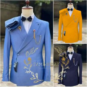 Costumes Dernières design Blue Slim Fit Double Breasted Men Costumes pour le marié Tuxedos Costumes formels Best Man Prom Party Blazer Pant