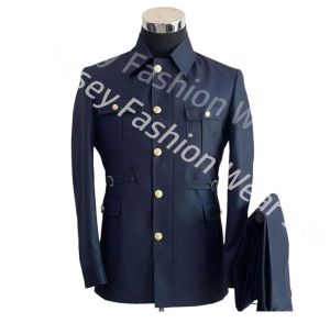 Costumes Bleu marine costume de luxe pour hommes Blazer pantalon manteau portant une grande poche porter une veste Safari sur mesure 2 pièces manteau réglable pantalon