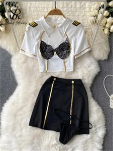 Suits Singreiny Uniforme Cosplay Noche porno Suits Ladies Sheer Lace Mini Top+Falda corta+Tangas sensuales Fashion Eartic Sexy Nightwear