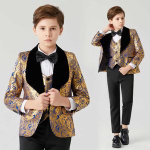 Suits Suit for Boy communion wedding dress for boy kids Costume Children's Blue Gold suit Boys' black collar suit 3PCS Flower BoysHKD230704