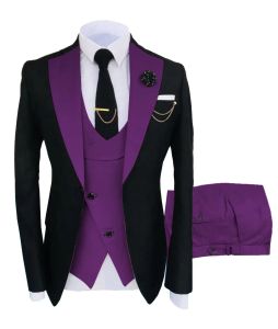 Costumes Szmanlizi 2022 Purple Black Men costumes 3 pièces robe Wedding Groom Tuxedos Groomsmen Slim Fit Best Man Party Suits Bridegroom