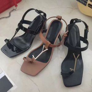 verano Sandalias de tacón alto moda de fiesta 100% cuero mujer Diseñador de zapatos de trabajo tacones sexy Señora Metal Hebilla de cinturón Tacón grueso negro Zapatos de mujer Tamaño grande 34-41-42 Con caja