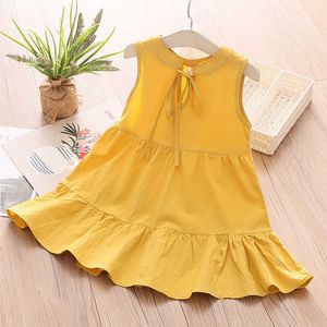 Été 3 4 6 8 10 12 Ans Solide Couleur Coton Princesse Sans Manches Couches Jaune Robes Robe De Plage Pour Enfants Bébé Filles 210529