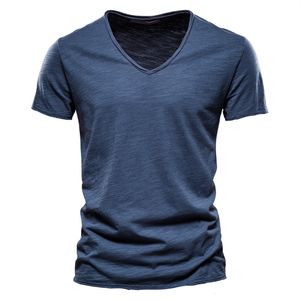 Verano 100% algodón sólido camiseta hombres con cuello en v manga corta casual para hombre camisetas suave sensación de alta calidad tops masculinos camisetas 210809