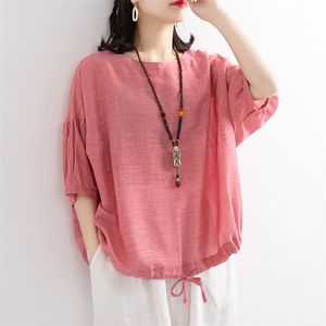 Camiseta holgada de algodón con diseño de cordón y manga de murciélago para mujer de estilo artístico de verano, camisetas de mujer de talla grande M121 210720